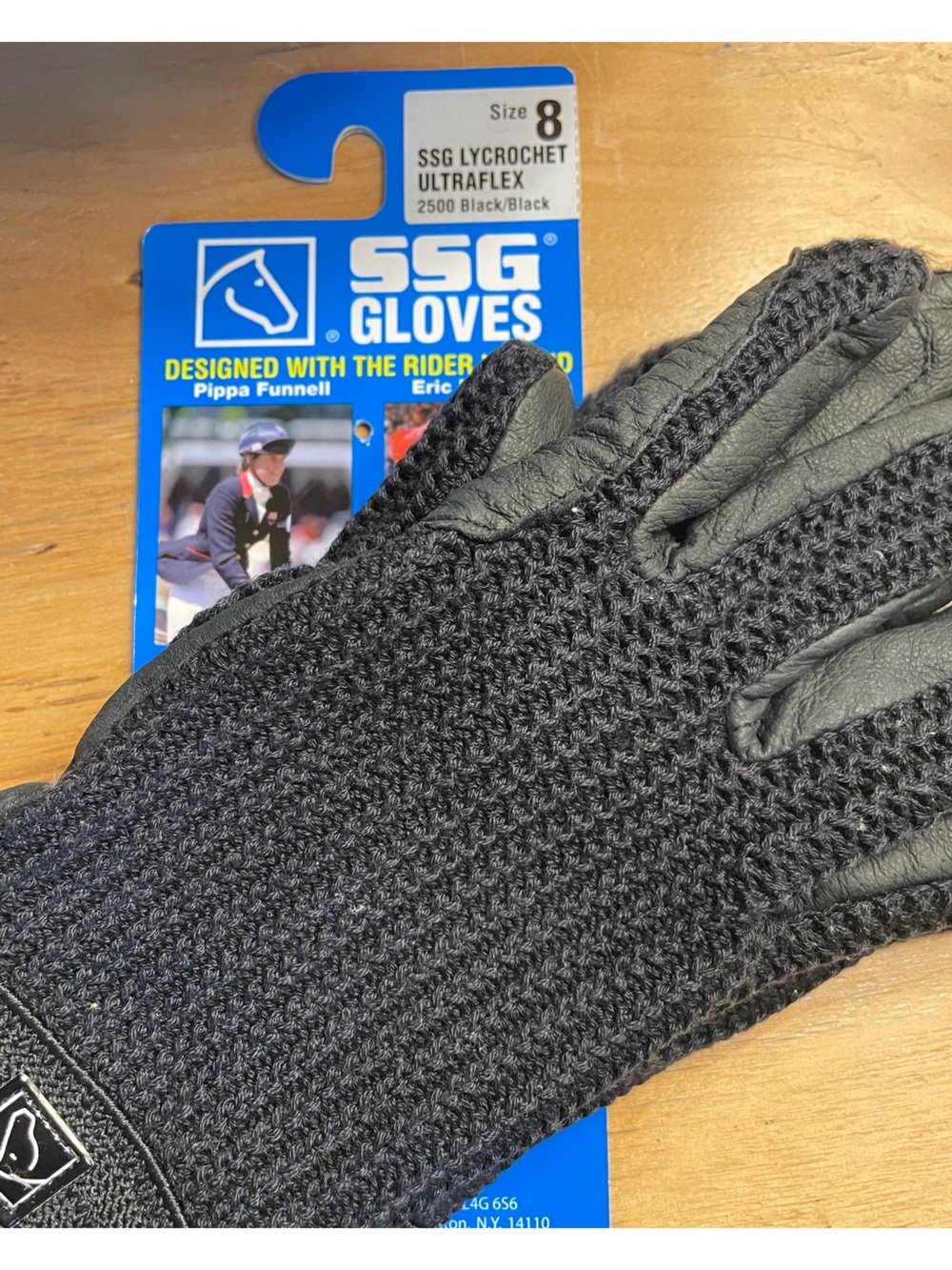 SSG Lycrochet Ultraflex Leather & Crochet riding Gloves Black Sz 8 unisex